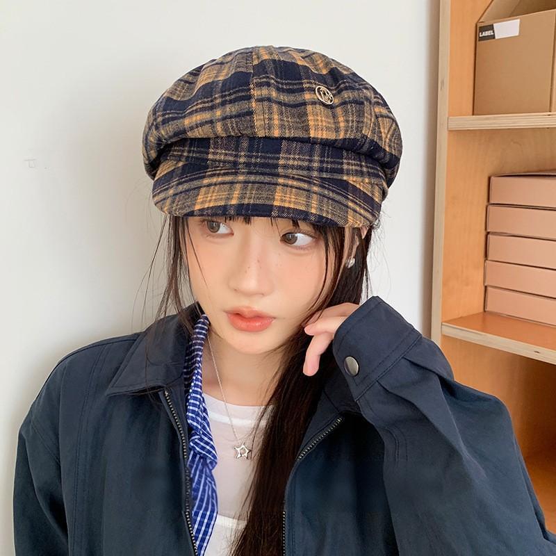 25 Early autumn new plaid sweet and cool high-quality octagonal hat women's big head circumference showing face small newsboy hat