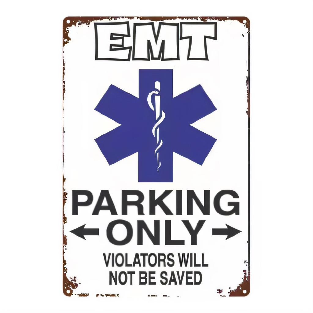 Tin Sign EMT Parking Only Vintage Metal Sign with Caduceus Emblem Ambulance Medical Emergency Lot Warning Plaque for Garage Wal