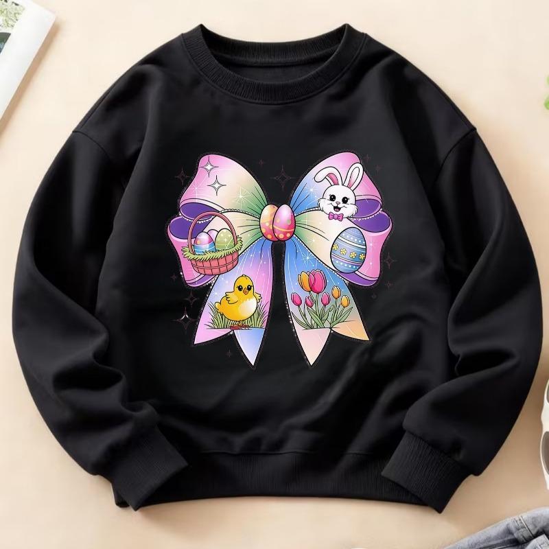 Kids Crewneck Sweatshirt, Cute Easter Print with Bow, Rabbit & Easter Eggs, Top for Autumn Winter
