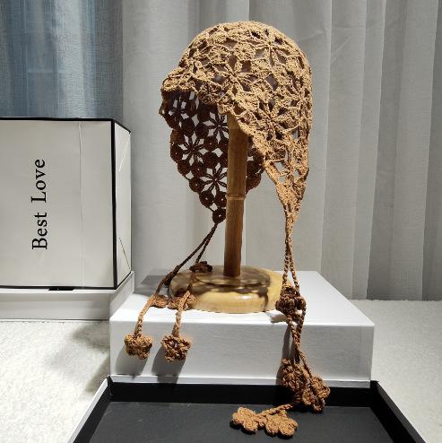 Bohemian Handmade Knitted Hat Flower Fringed Bag Head Hat Female Ethnic Style Hollow Crochet Hat Travel Versatile