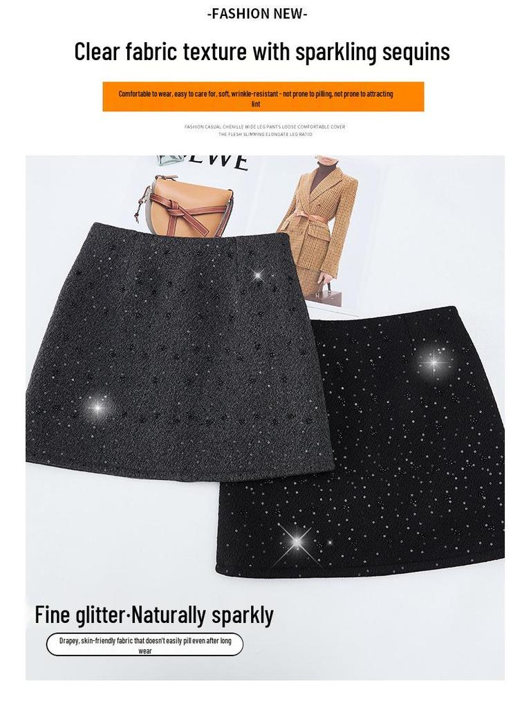 Women's High-Waist Sequined Wool A-line Skirt - Autumn/Winter