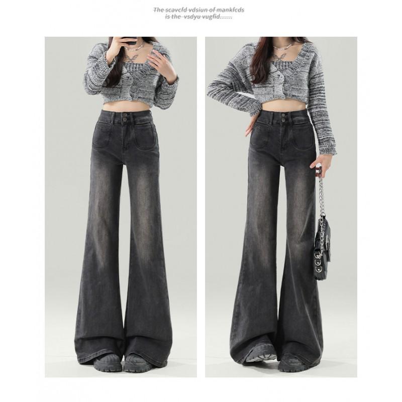 High Waist Flared Jeans Women Slim Fit Stretch Denim Pants Black Grey Vintage Blue Winter