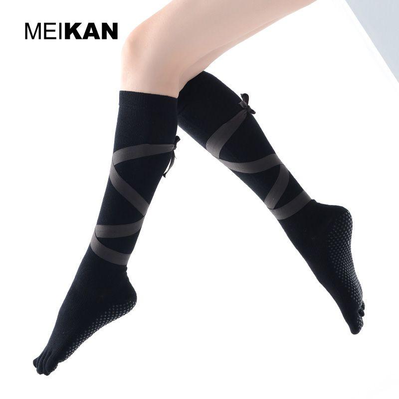 

Meikan Classic Knee High Full Finger Yoga Socks Beauty Look Pilates Toe Socks Non Slip Ballet Strap Dance Pantyhose Black