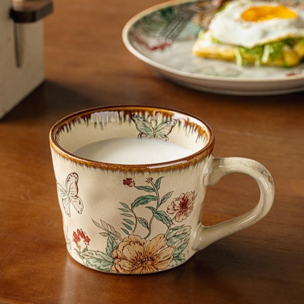 Floral Pattern Antique Style Mug Non-slip Milk Cup Decorative Ceramic Coffee Cup Travel