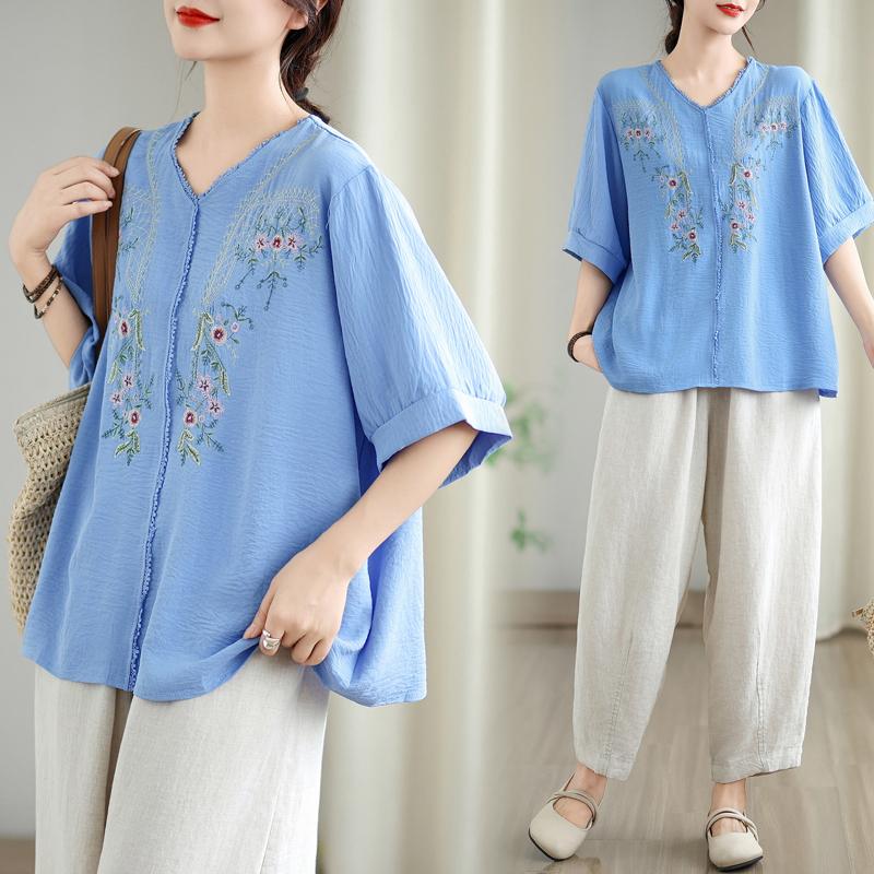 Dimanaf 2025 Summer Plus Size T-Shirt Floral Women Short Sleeve V-Neck Short Loose Tops Tees