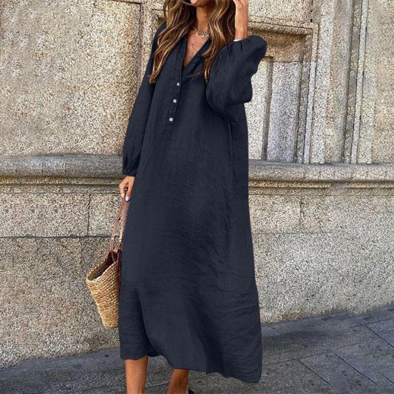 Versatile V-Neck Midi Dress: Cotton Linen, Long-Sleeve, Plus Size, Loose Fit