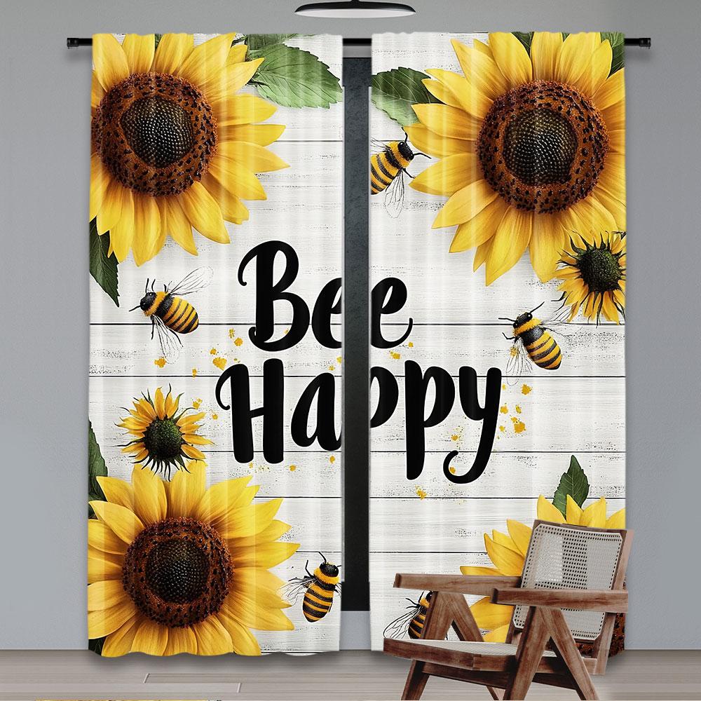 2Pcs Bee Happy Curtain Honeybee Sunflower Sunny Floral Garden Plant Leaves Suitable For Bedroom Bathroom Living Room Dining Room