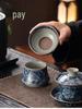 Antique Sancai Blue & White Gaiwan Kung Fu Tea Set: Cultivable Crackle Ceramic Tea Bowl & Large Cup
