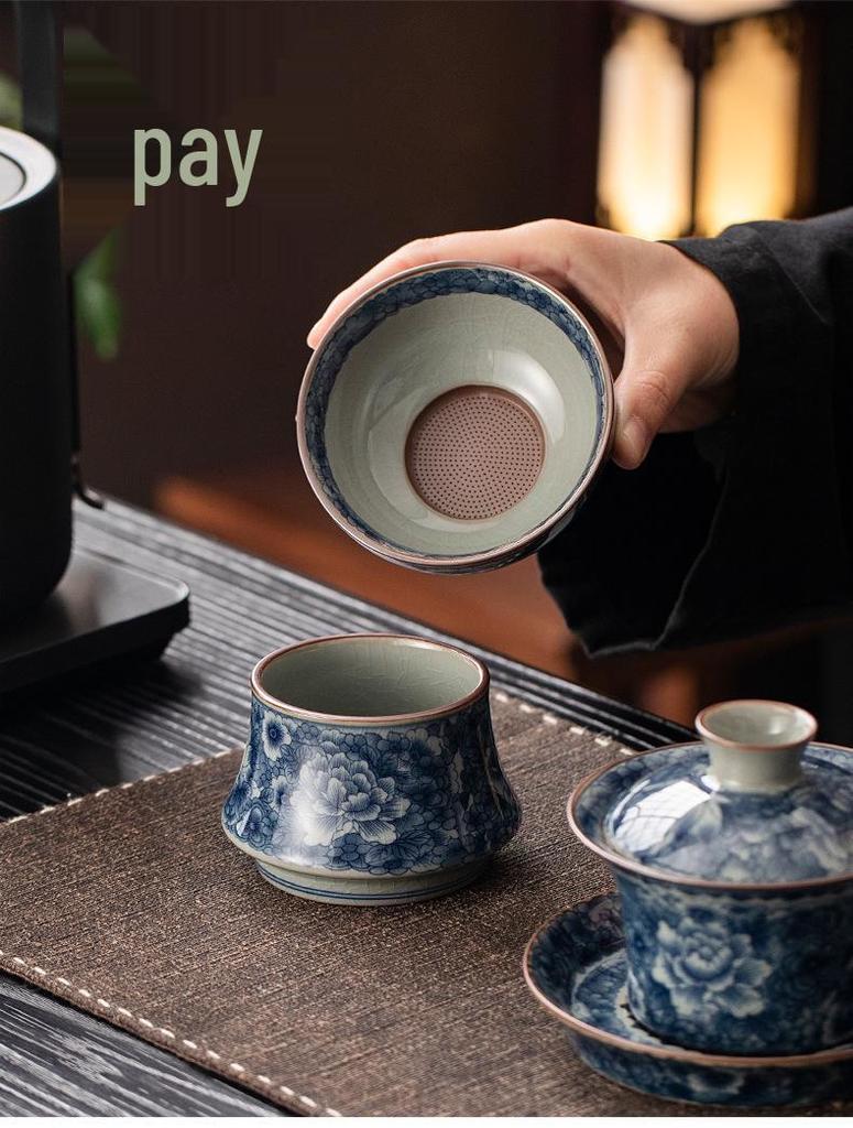 Antique Sancai Blue & White Gaiwan Kung Fu Tea Set: Cultivable Crackle Ceramic Tea Bowl & Large Cup
