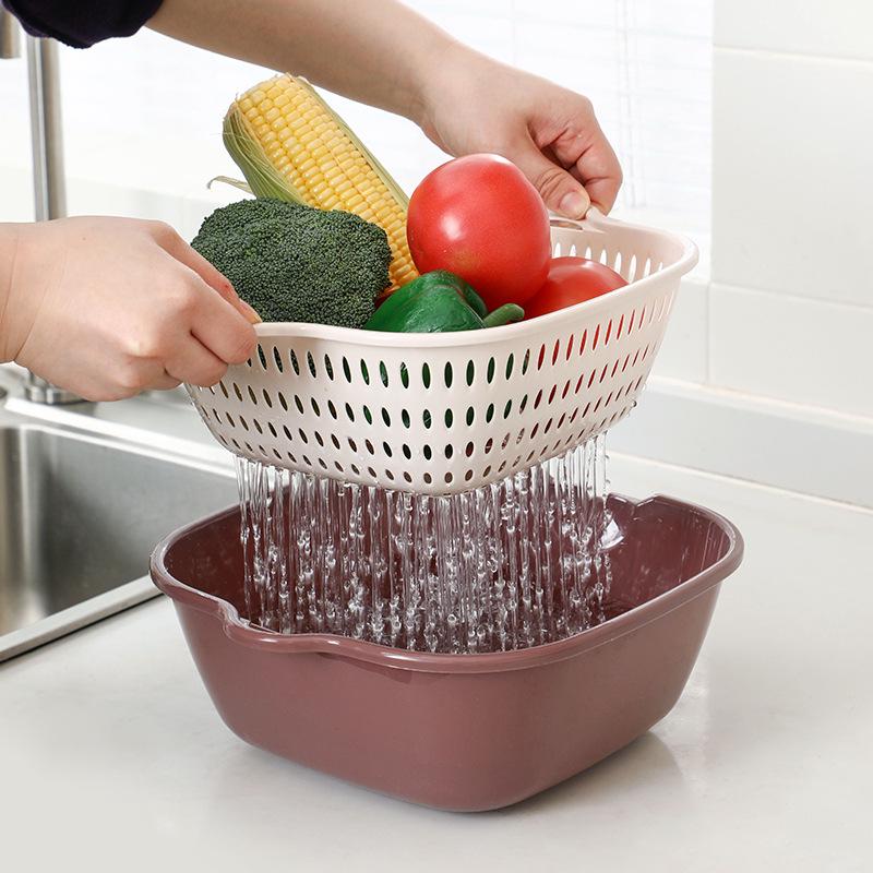 Multifunctional Double-Layer Basin & Drain Basket Set for Fruits and Vegetables