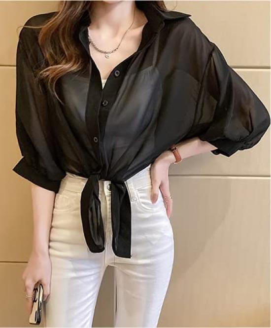 SANYIN Sheer Loose Solid for UV Chiffon Sleeves Women's Cardigan, Lightweight, Fit, Color, Spring/Summer, Protection, Sunscreen, Top, 3/4 (Black)