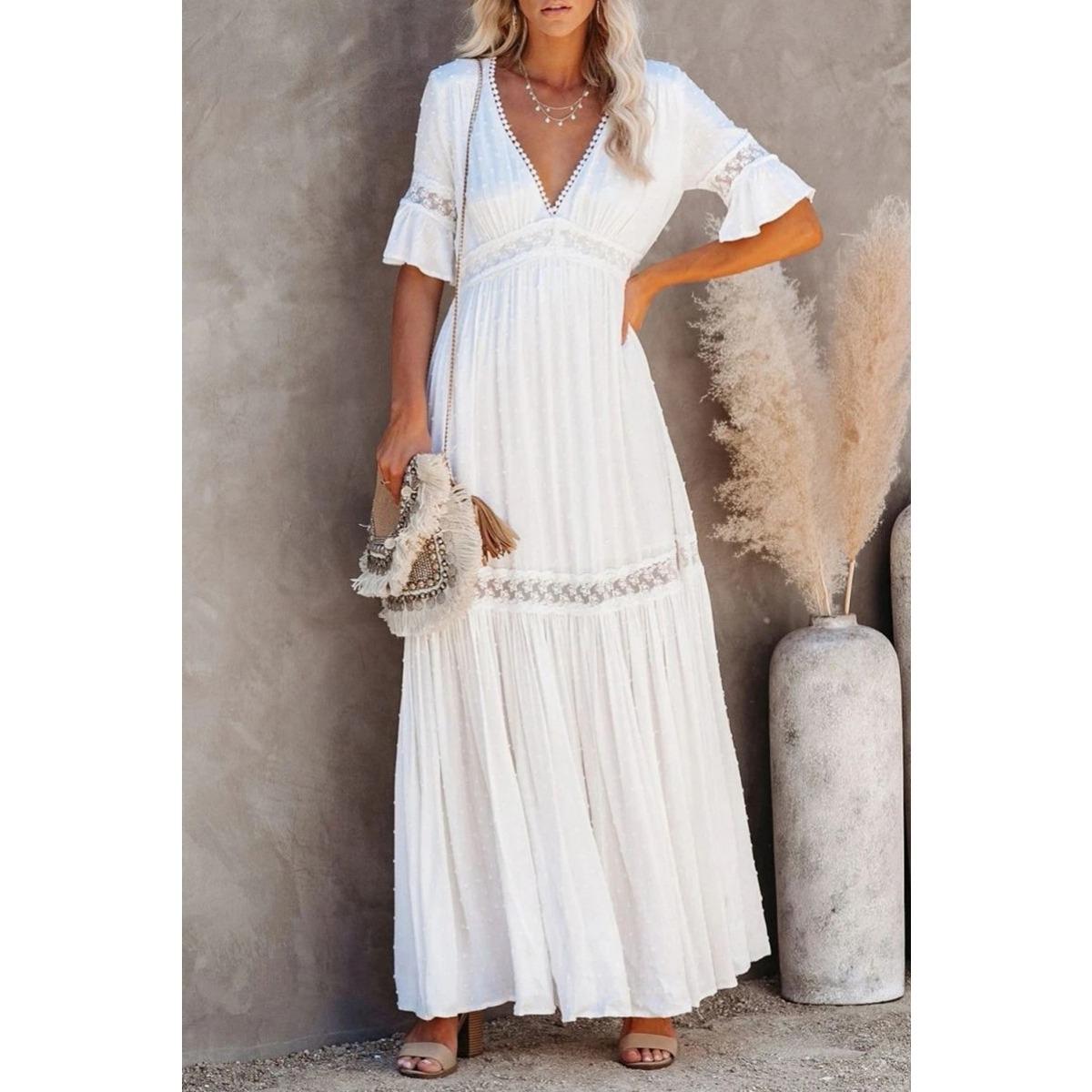 Spring Summer Women s Solid V-neck Short Sleeve Long Dress Lace Trim S
