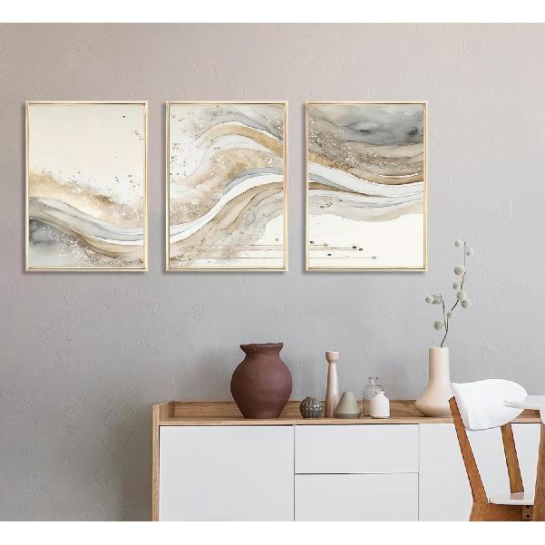 3Pcs Gold Abstract Marble Canvas Wall Art Modern Grey and Gold Fluid Painting Picture Wall Decor neutral Marble Poster Print Artwork for Bedroom