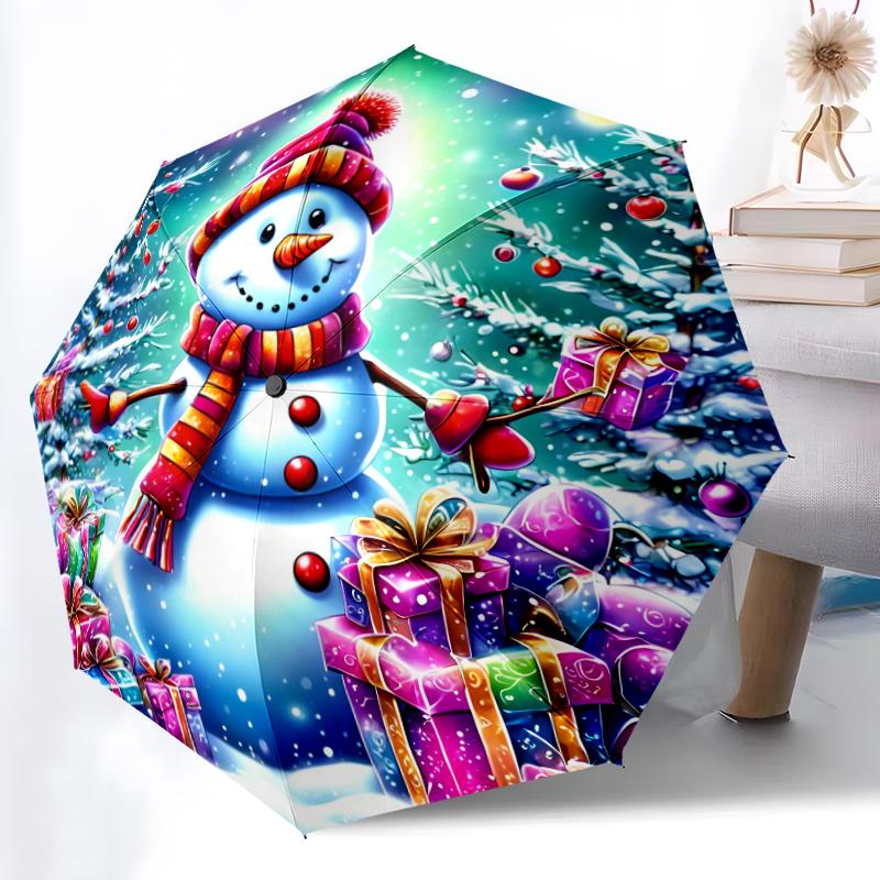 1pc Sturdy 8-Bone Auto Umbrella, Lovely Christmas Snowman Umbrella, Digital Printed, Foldable Umbrella for On-the-Go Outdoor Use