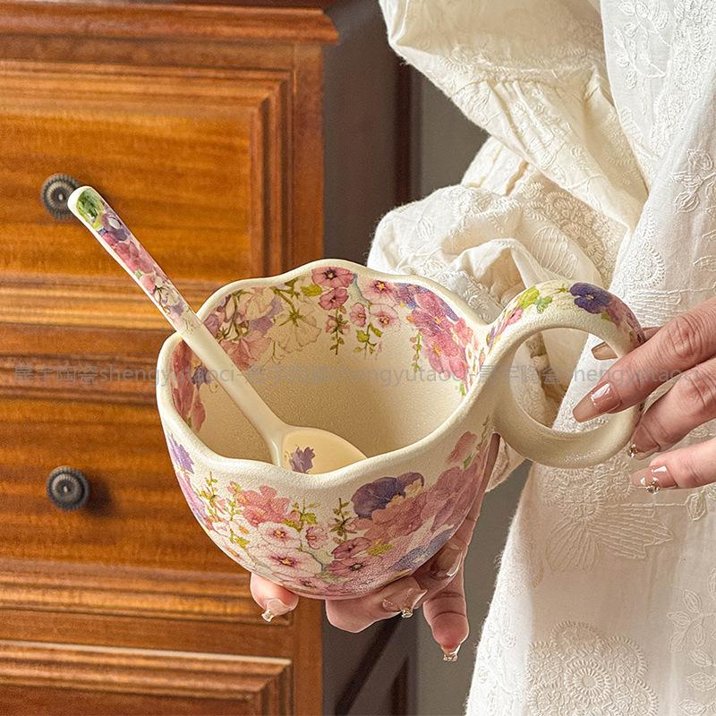 Home Ceramic Curved Handle Mug with Spoon and Wooden Coaster Breakfast Oatmeal Hot Milk Cup Coffee Cups and Saucers