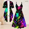 Women Plus Size Printed Two Piece Set Short Sleeve Draped Cardigan Strappy V Neck Flared Dress