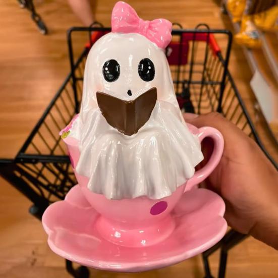 1/2Pcs Halloween Reading Ghost Figurine Pink Teacup Ghost Statue Resin Sculpture Home Office Holiday Party Desktop Decoration Ornament