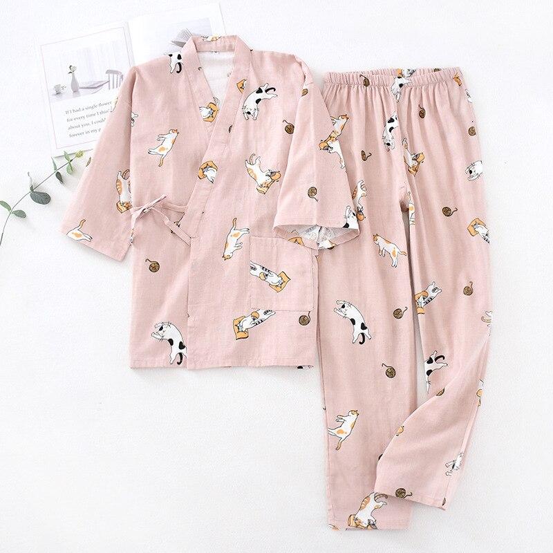 GMXIA Pajamas Women's Spring and Autumn Cotton Gauze Breathable Three-quarter Sleeve Home Wear Two-piece Set Summer Light Style Pajama Sets