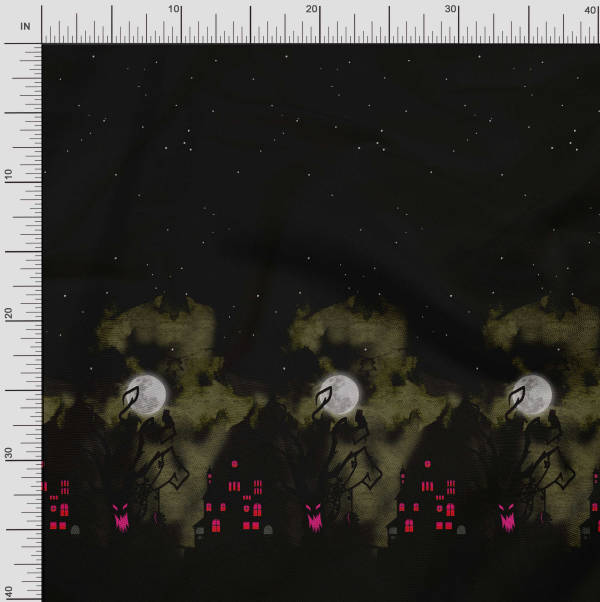 Soimoi Japan Crepe Satin Fabric Tree|Moon & Haunted House Panel Printed Craft Fabric by the Metre 42 Inch