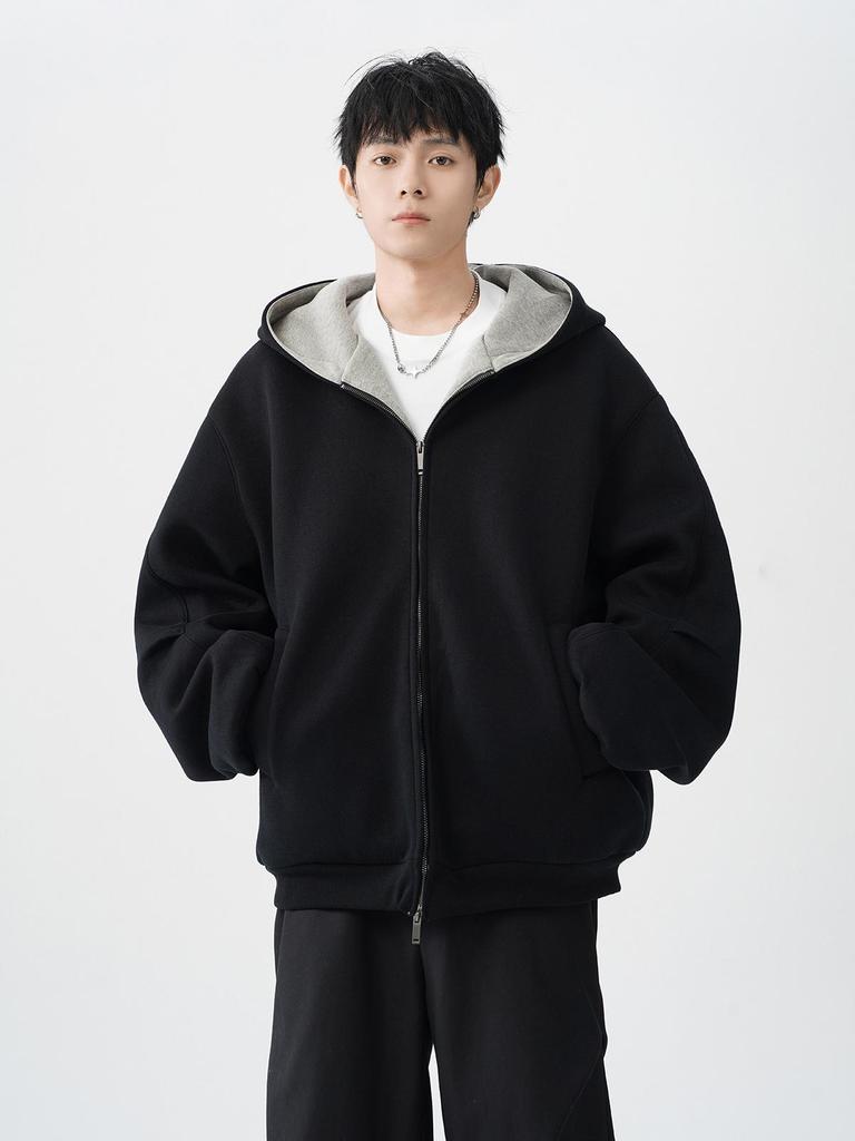 Kardigan z kapturem w stylu amerykańskim, Color-Block: Męska ciężka bluza z podwójnym zamkiem na jesień/zimę