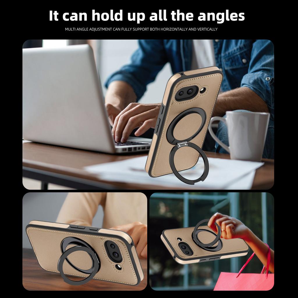 For Google Pixel 9a Case with Ring Kickstand Compatible with MagSafe PU Leather Back Cover