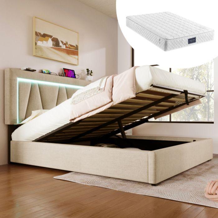Lit LED Tapissé Avec Éclairage LED USB Type C, Cadre De Lit En Lin Lit Jeune 160x200 Avec Sommier À Lattes (avec Matelas)