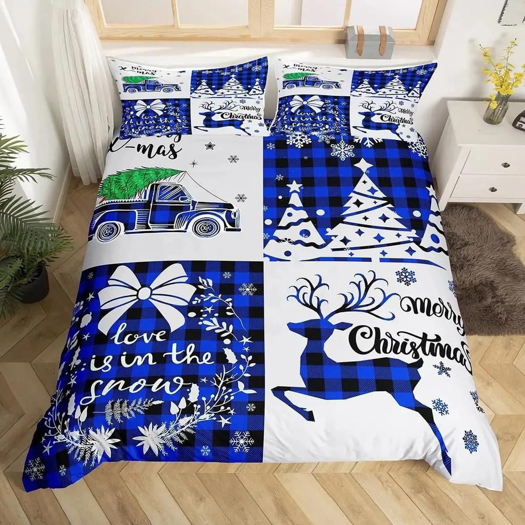 Gold Christmas Duvet Cover Set Gold Elk Xmas Printed Cartoon Christmas Festival Bedding Sets Full Queen Size with Pillowcase