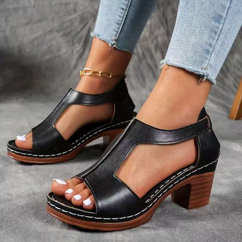 Sandali Estivi Nuovi Moda Europea e Americana Tacco Blocco Punta Aperta Donna Bocca di Pesce Fibbia Tacchi Alti Taglie Grandi Scarpe da Donna Commercio Estero