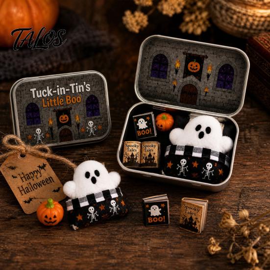 Halloween Earring Holder Mini Tin Box Gift, Plush Ghost with Haunted House Figures Storage Scene, Collectible Micro Theater Gift for Kids, Party Favor