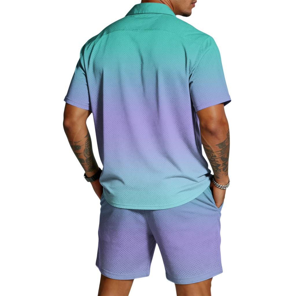 Men's Casual Short Sleeve Button Down Shirt and Drawstring Shorts Set Lightweight Breathable Summer Outfit with Gradient Design