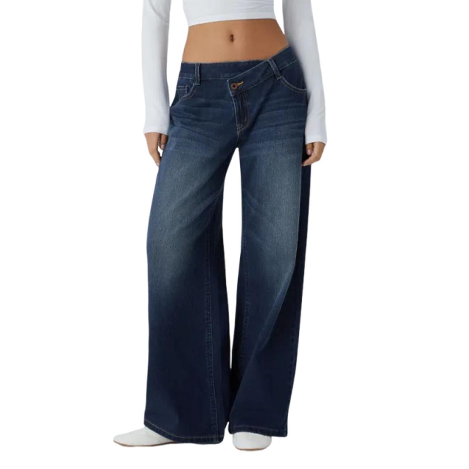 

Women s Casual Fashion Solid Color Elastic Waist Pockets Wide Leg Straight Jeans Pants XS