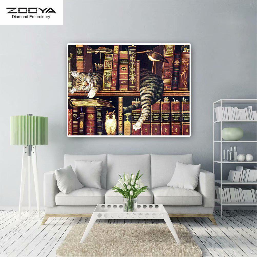 

ЗООЯ DIY 5D полная квадратная алмазная картина кошка книжная полка вышивка крестиком домашний декор