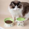Green Rabbit Ceramic Cat Bowl Non-Slip Diagonal Pet Feeding Bowl Flower Pattern Water Bowl Cervical Vertebra Protection