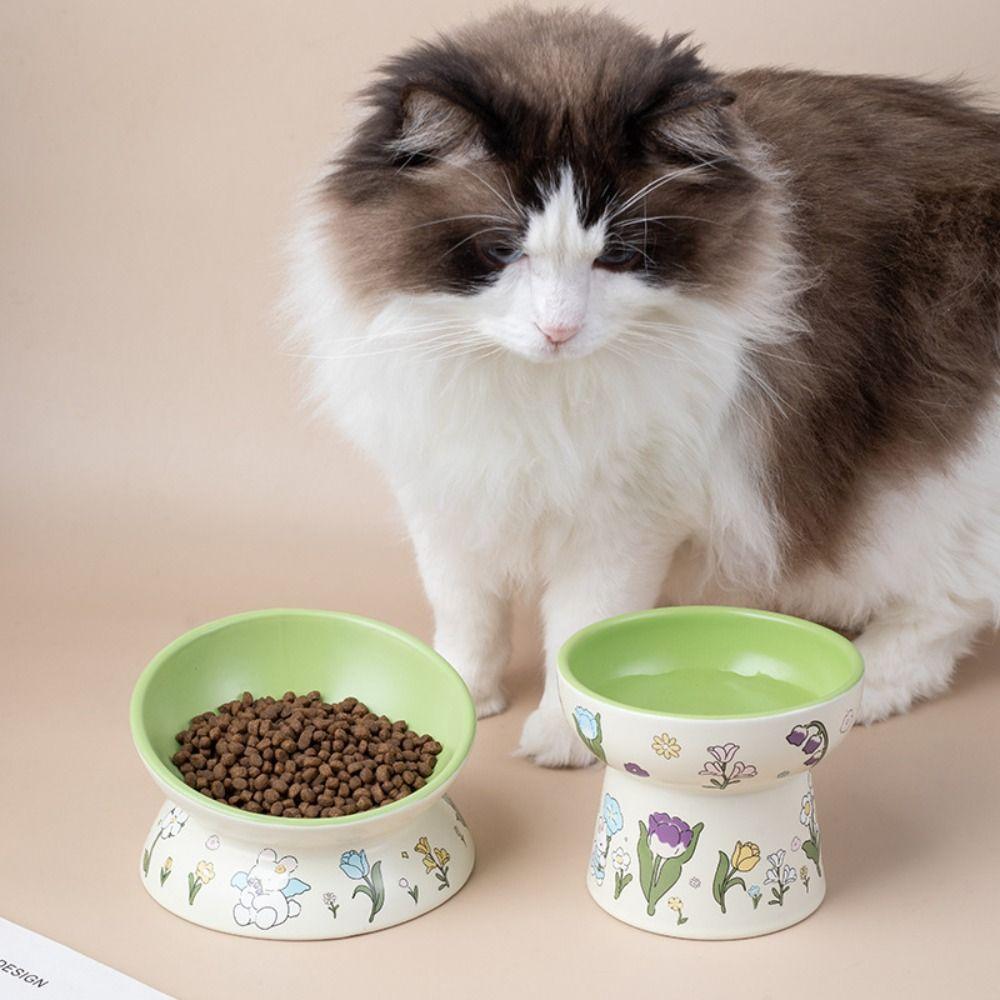 

Green Rabbit Ceramic Cat Bowl Non-Slip High Foot Drinking Bowl Pet Feeding Bowl For Cat Dog Flat