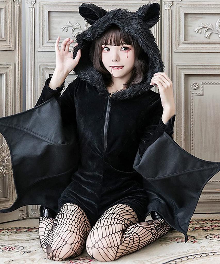Milky Time Bat Halloween Cosplay Vampire Devil Costume for Adults with Fishnet Tights (L)
