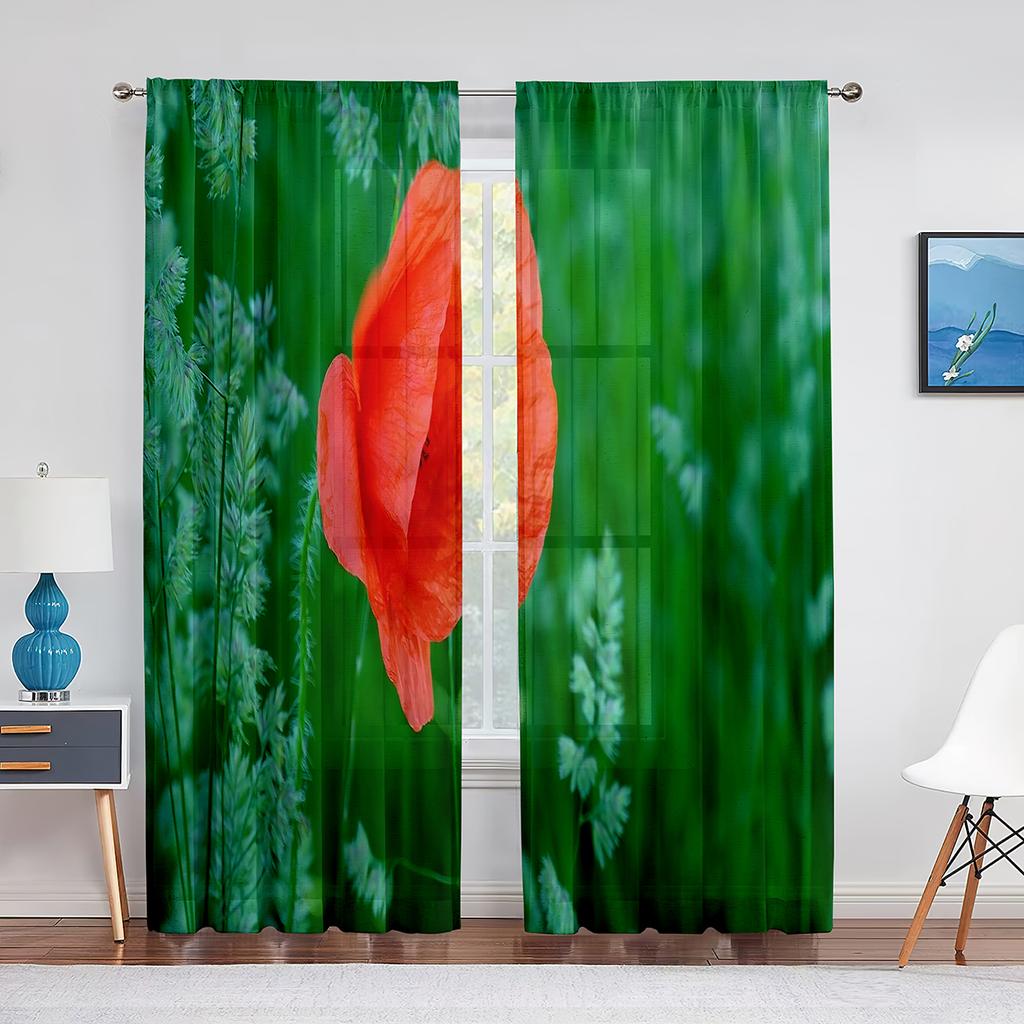 Poppy Flower Red Floral Sheer Voile Curtains for Living Room Bedroom Kitchen Tulle Window Curtain Home Decoration Chiffon Drapes