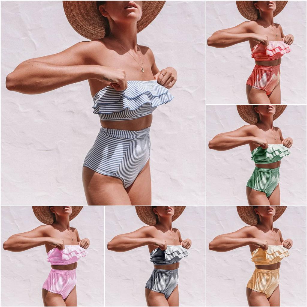 2024 Ladies Split Swimsuit Irregular Striped Ruffle High Waist Bikini Women Swimwear Bathing Suit