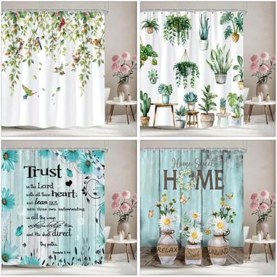 Leaves Floral Shower Curtain Watercolour Plants Green Leaves Rustic Rustic Wood Panel Polyester Shower Curtains Bathroom Decor