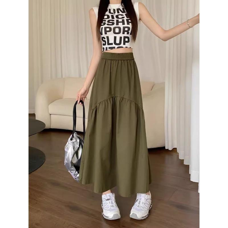 Half-length Skirt Women's Summer Simple and Thin Fashion Design Sense Pleated Stitching Elastic Waist Skirt
