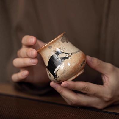 2PCS/Set Japanese Style Ceramic Tea Cup Hand Painted Silver Cat Dragon Egg Tea Set for Gongfu Tea Home Use Collection