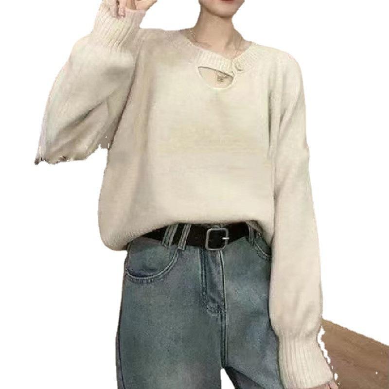 Autumn and winter new sweater women's lazy style retro hollow knitted sweater with gentle bottoming shirt top