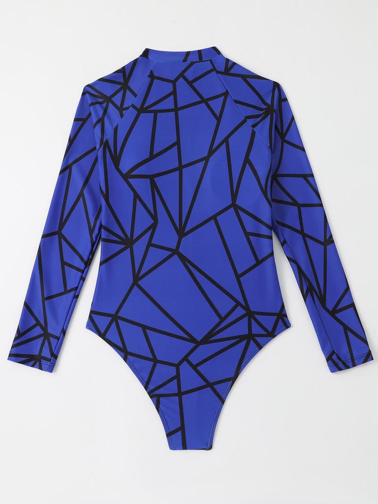2024 Geometric Print Long Sleeve One-Piece Swimsuit for Women