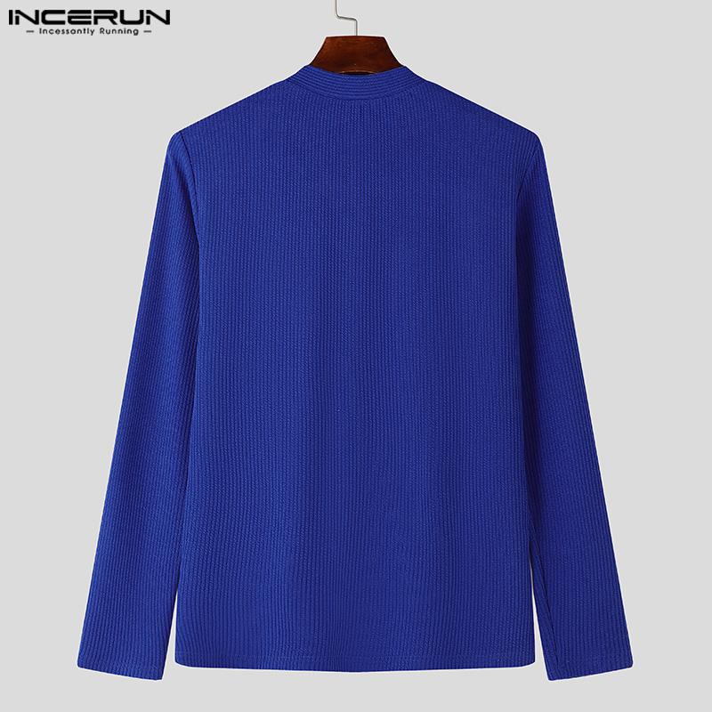 INCERUN Men V Neck Front Cross Long Sleeve Fitted Tops Knitted Rib Undershirts