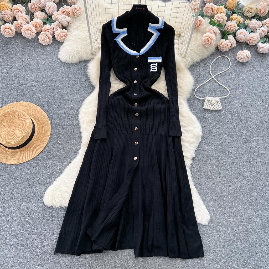 Autumn Winter Wear Embroidery Letter Knitted Sweater Dress Women Polo Single Breasted Designer Temperament Long Dresses