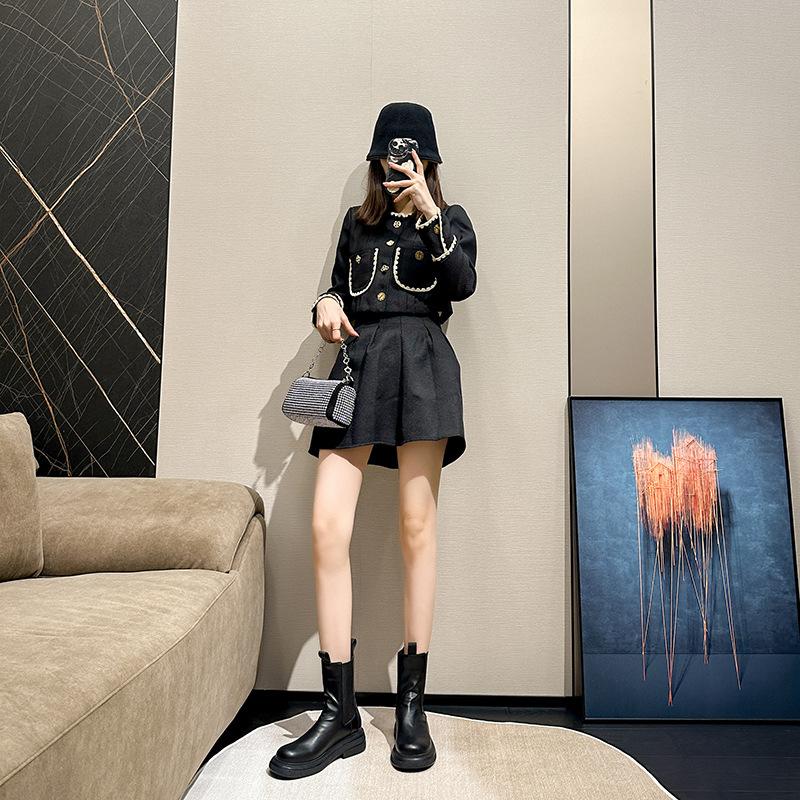 Stuiole pleated boots women's British platform mid boots autumn and winter cigarette boots