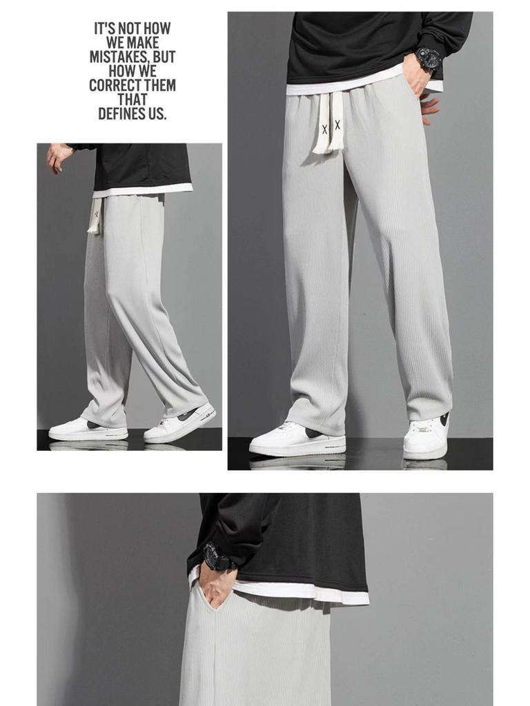 Men's Trendy Summer Ice Silk Wide-Leg Pants - Casual, Solid Color, Plus Size, Straight-Leg Sports Style