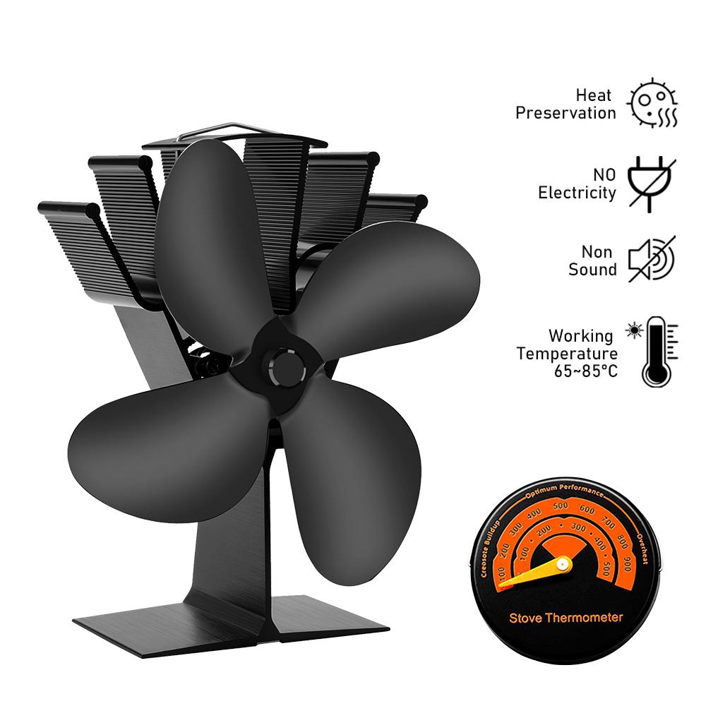 4-Blade Heat Powered Stove Fan Black Fireplace Fans Log Wood Burner Eco Friendly Quiet Fan For Home Efficient Heats Distribution