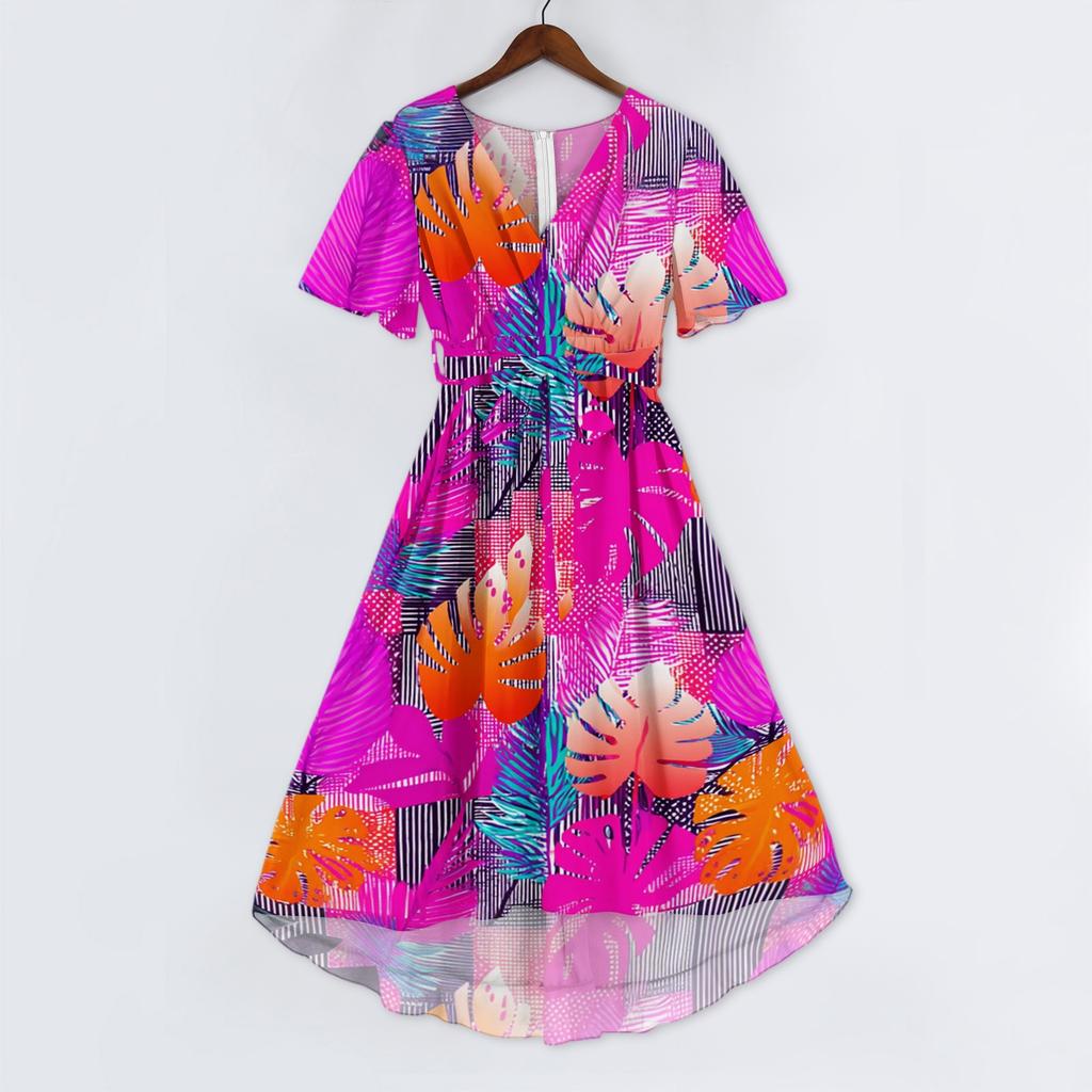 Vestido Casual de Mujer con Cuello en V de Manga Corta, Estampado Floral Vintage, Largo hasta la Rodilla, Ligero para Verano, con Falda Acampanada y Corte Relajado