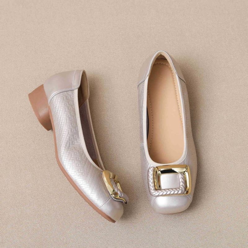 New soft-soled comfortable shallow-mouth single shoes women's shoes cowhide one-pedal single shoes square buckle flat shoes grandma shoes