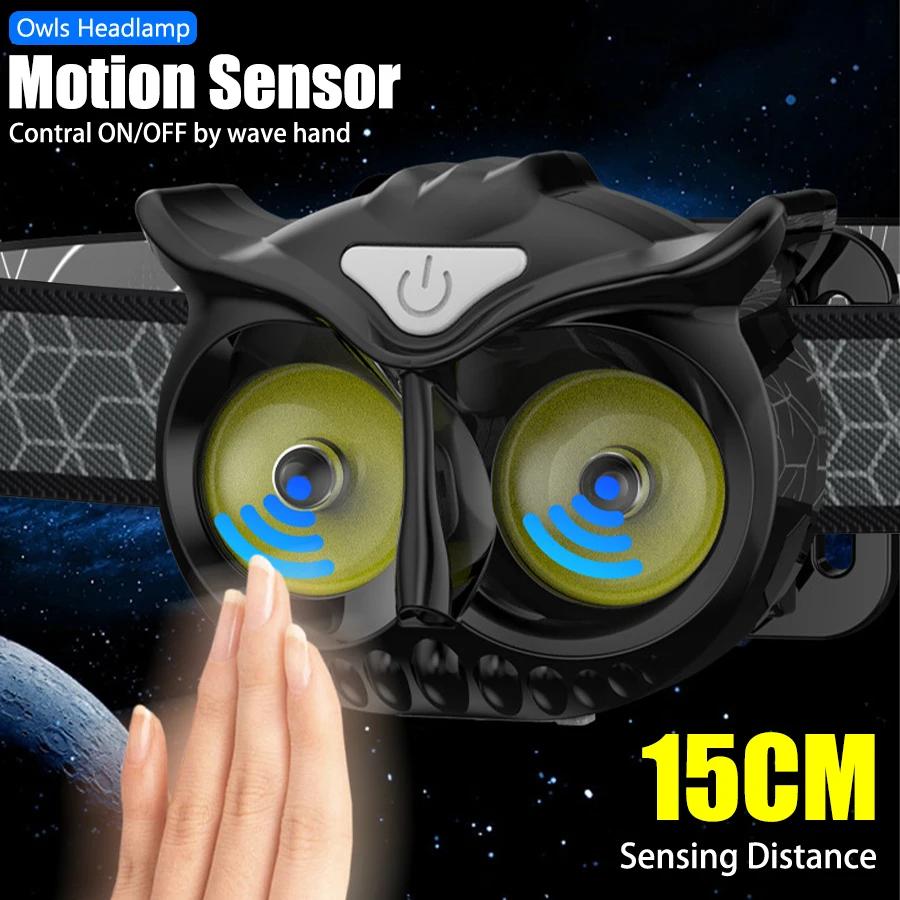1200mah COB LED Owl Headlamp Charge Headlight with Hook EDC Flashlight for Children Running Fishing Camping with Strong Magnetic